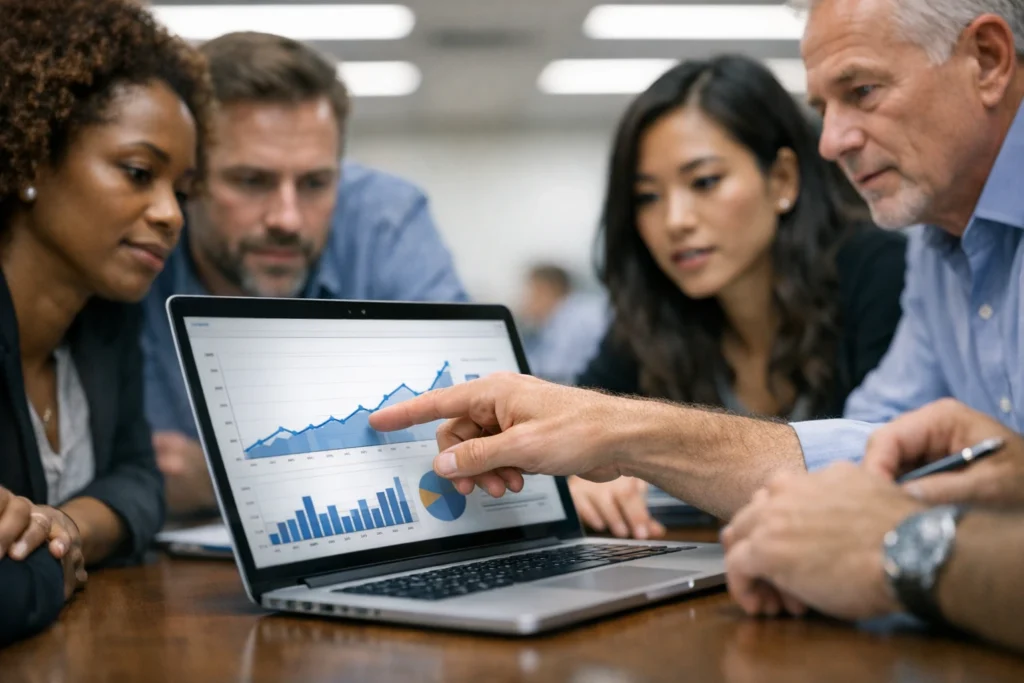 Abstract analytics dashboard showing metrics transitioning from pageviews to business decisions