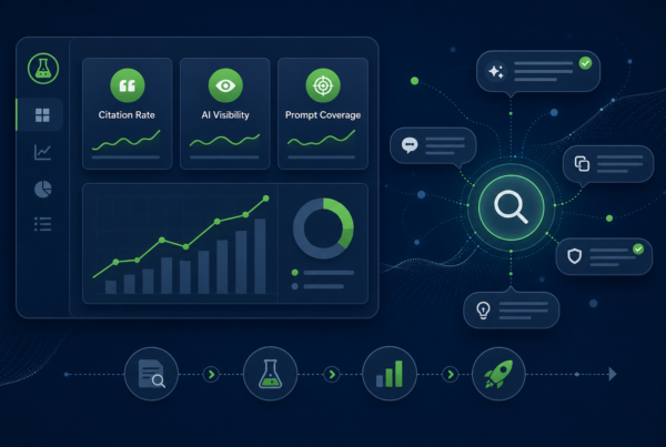 AEO metrics dashboard showing citation rate, AI visibility, and prompt coverage for answer engine optimization