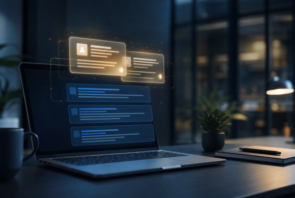 Laptop showing AI answer cards and brand mentions above traditional search rankings