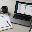 Desk checklist and laptop showing an AI visibility audit matrix for brand mentions in AI answers