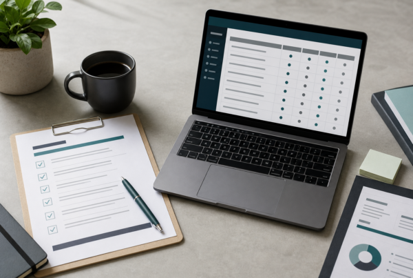 Desk checklist and laptop showing an AI visibility audit matrix for brand mentions in AI answers