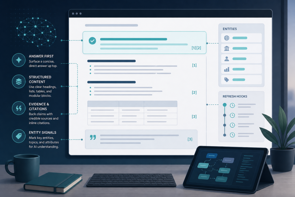 Editorial illustration of answer-first content engineering with a highlighted answer block for AI search visibility