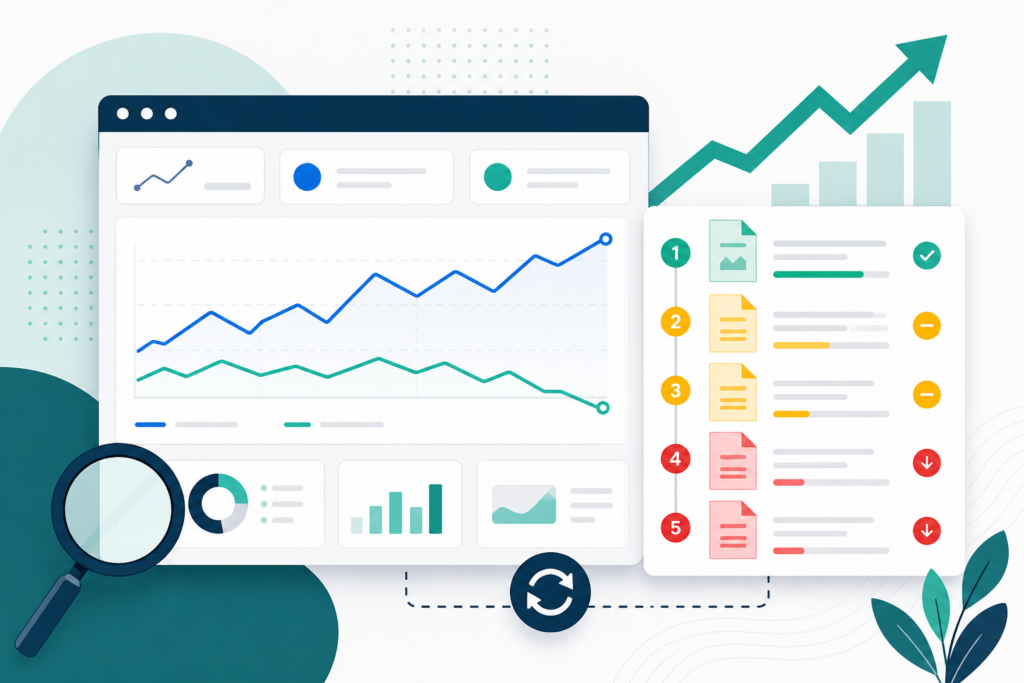Dashboard showing Google Search Console impressions and clicks trends next to a ranked content refresh priority queue