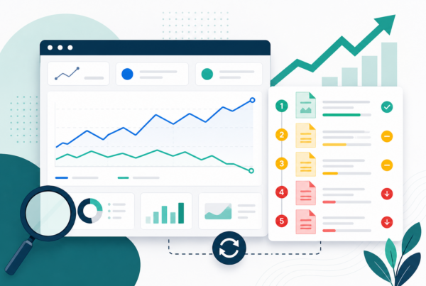 Dashboard showing Google Search Console impressions and clicks trends next to a ranked content refresh priority queue