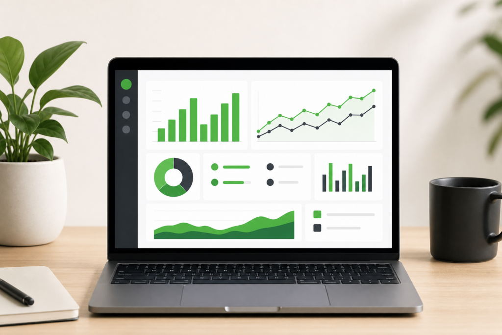 Analytics dashboard charts on laptop