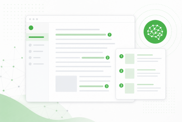 Illustration of AI-generated answer citations with highlighted source documents and analytics dashboard for content engineering