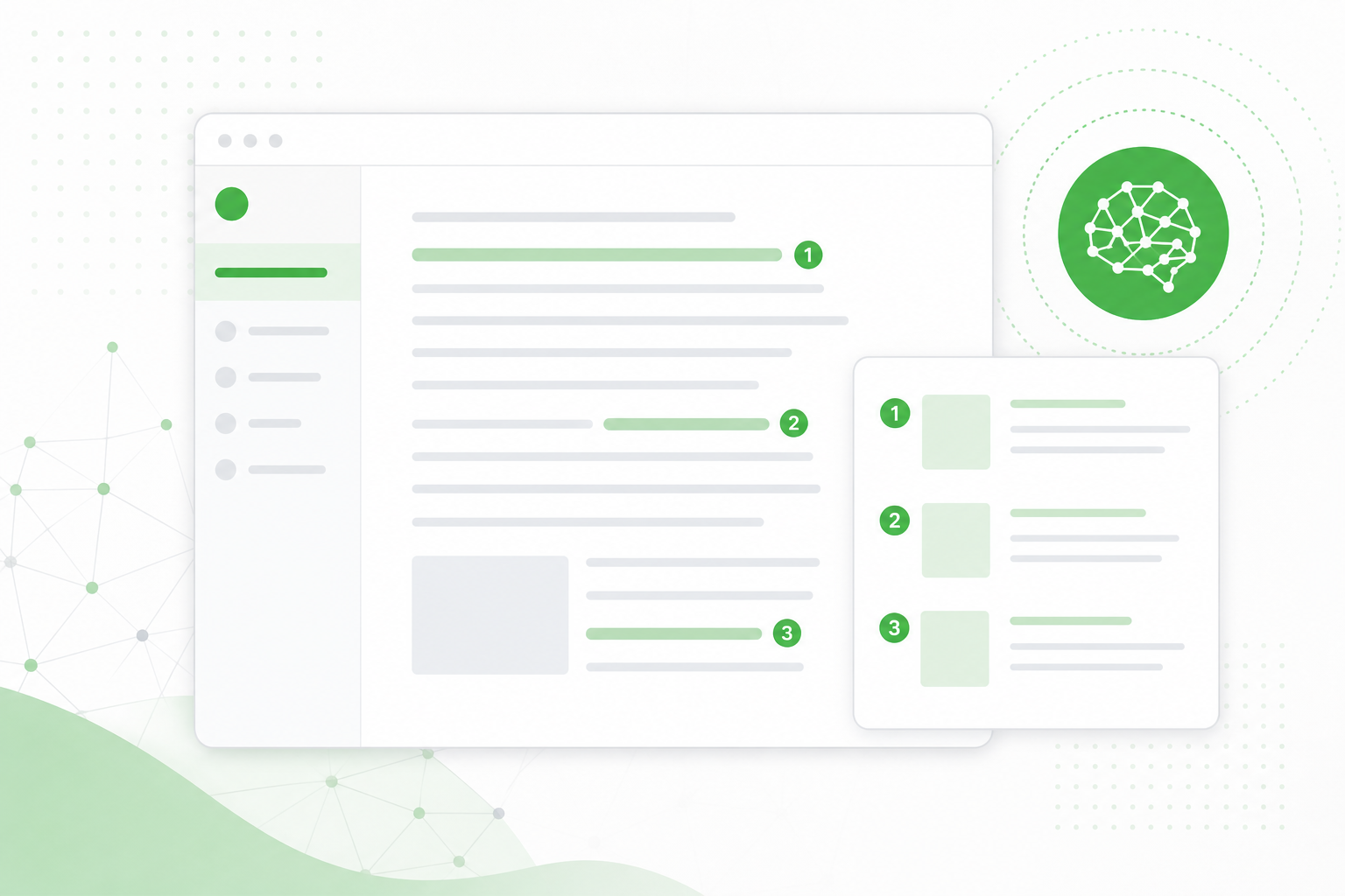 Illustration of AI-generated answer citations with highlighted source documents and analytics dashboard for content engineering