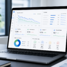 Analytics dashboard on laptop showing declining content performance trends for a decay monitoring workflow