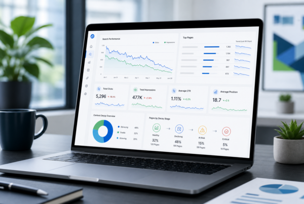 Analytics dashboard on laptop showing declining content performance trends for a decay monitoring workflow
