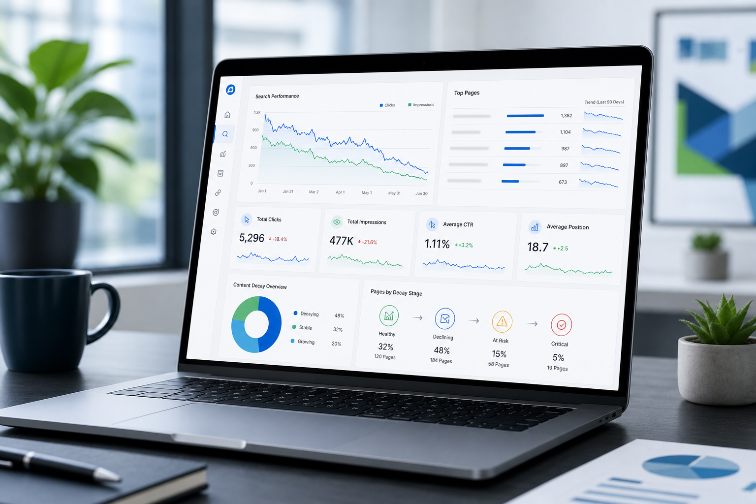 Analytics dashboard on laptop showing declining content performance trends for a decay monitoring workflow