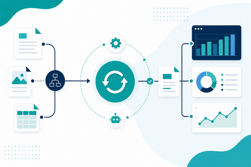 Abstract workflow diagram illustrating content engineer role in automating content refresh workflows with analytics