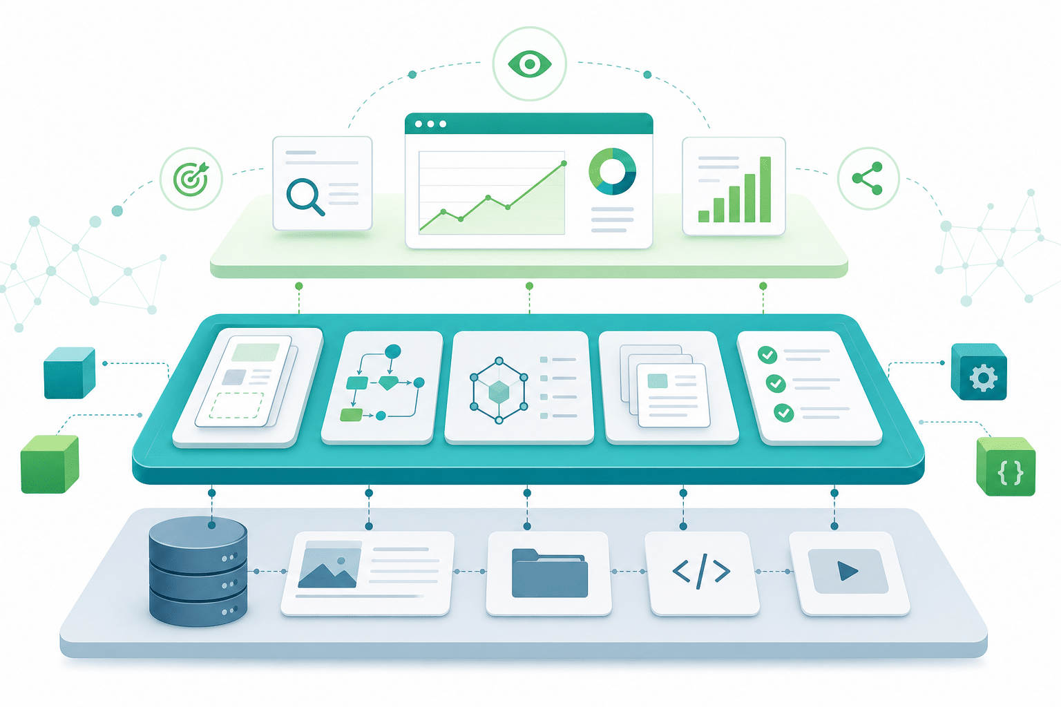 Diagram showing content engineering platform layers connecting CMS templates analytics and AI search visibility