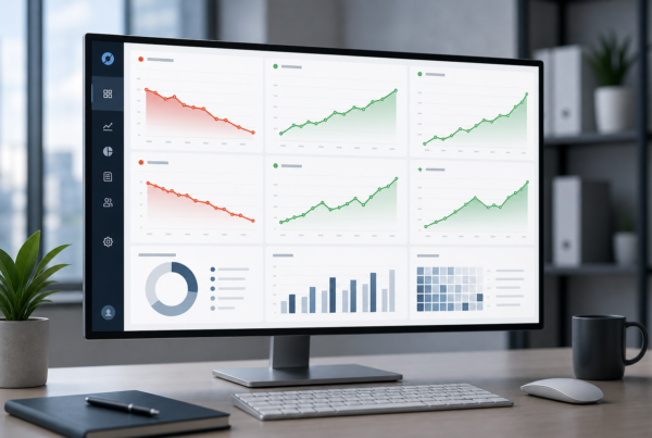 Dashboard charts showing content metrics with decay and growth trends