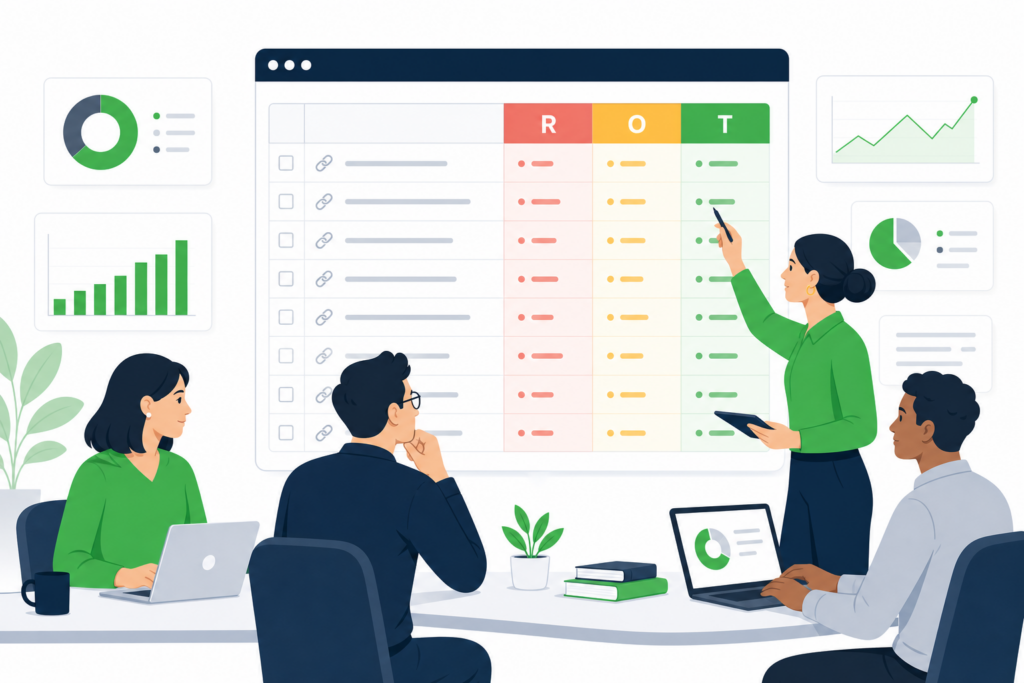 Marketing team sorting blog URLs into redundant, obsolete, and trivial categories during a content audit