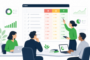 Marketing team sorting blog URLs into redundant, obsolete, and trivial categories during a content audit