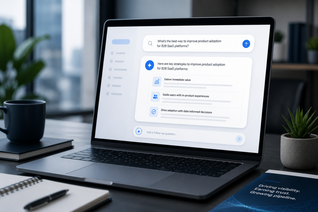 Laptop with abstract AI answer cards for conversational search visibility