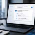 Laptop with abstract AI answer cards for conversational search visibility