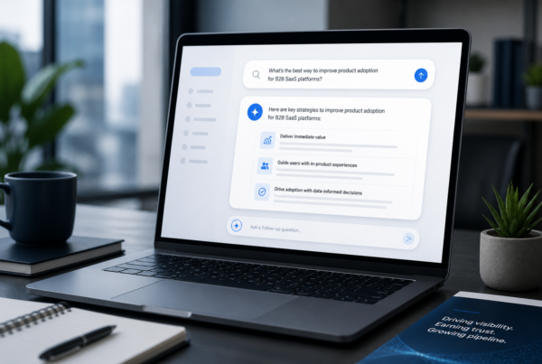 Laptop with abstract AI answer cards for conversational search visibility