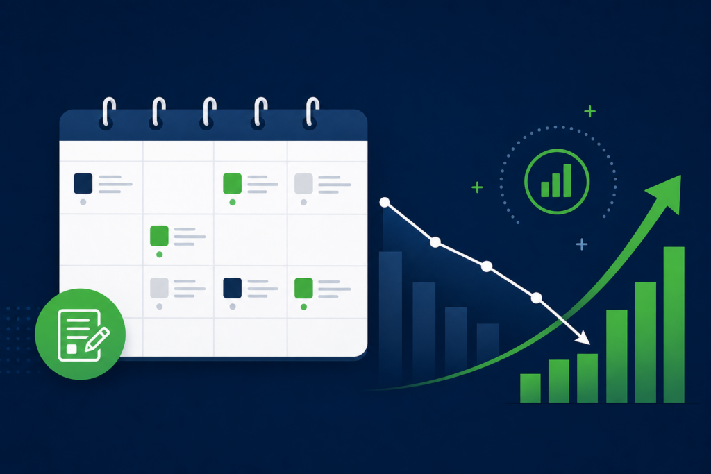 Editorial calendar planning with Search Console decay and opportunity data on a laptop screen