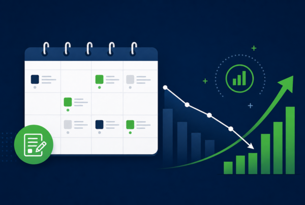 Editorial calendar planning with Search Console decay and opportunity data on a laptop screen
