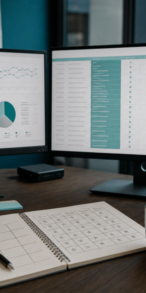 Marketing desk with dashboards and a handwritten scoring grid for evaluating AEO tracking tools