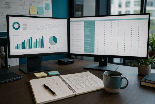 Marketing desk with dashboards and a handwritten scoring grid for evaluating AEO tracking tools