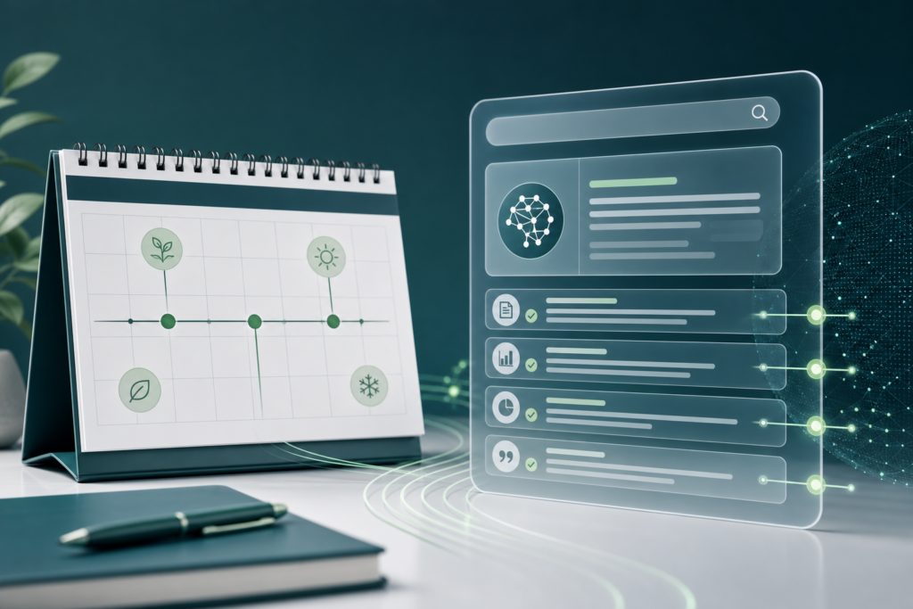 Evergreen content maintenance calendar alongside AI search citation signals on a marketing dashboard