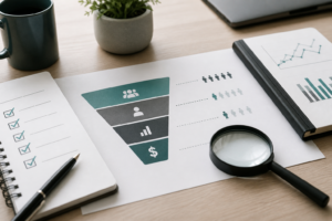 Lead generation funnel with a checklist and magnifying glass