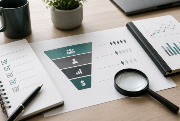 Lead generation funnel with a checklist and magnifying glass