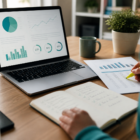 Content strategist reviewing blog statistics and charts on a laptop to fix outdated numbers in old posts