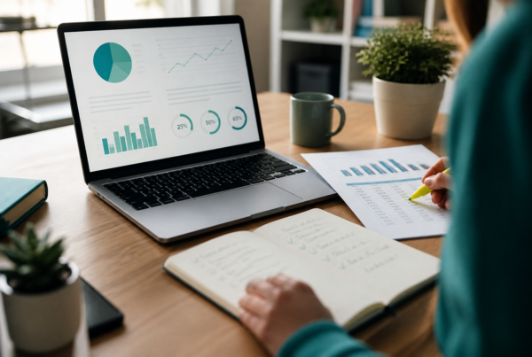 Content strategist reviewing blog statistics and charts on a laptop to fix outdated numbers in old posts