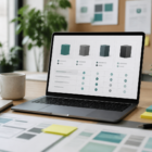 Product catalog cards on a laptop in a modern product marketing workspace