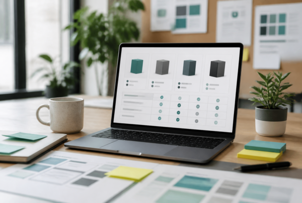 Product catalog cards on a laptop in a modern product marketing workspace