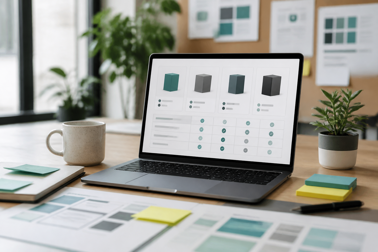 Product catalog cards on a laptop in a modern product marketing workspace