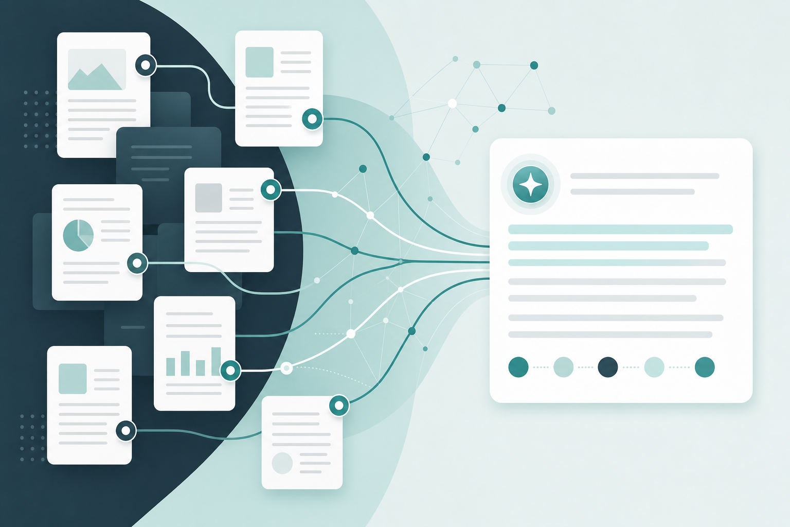 Abstract illustration of AI answer engines selecting and citing sources