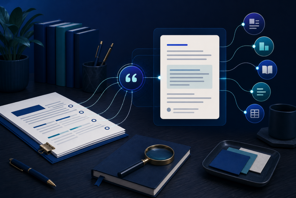 Content strategy documents connected to abstract AI answer citation markers