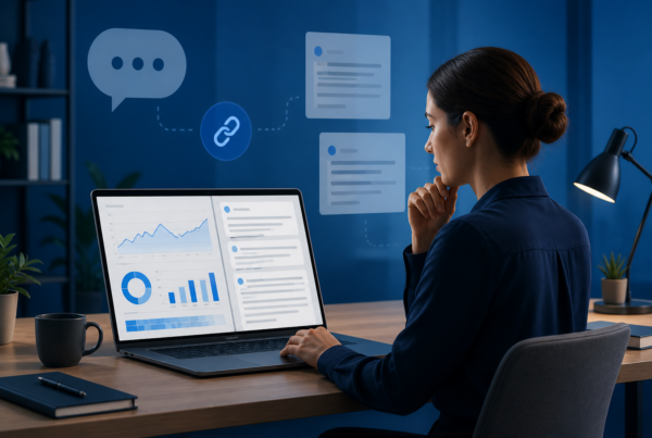 Marketing analyst reviewing content citation and AI search visibility data
