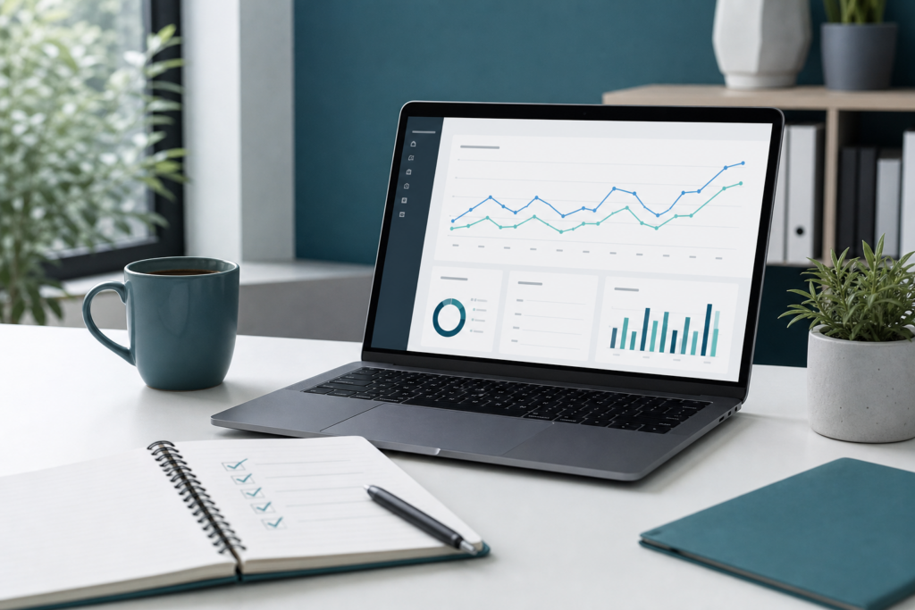 Laptop analytics dashboard and notebook representing content quality and SEO measurement