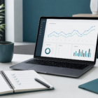 Laptop analytics dashboard and notebook representing content quality and SEO measurement