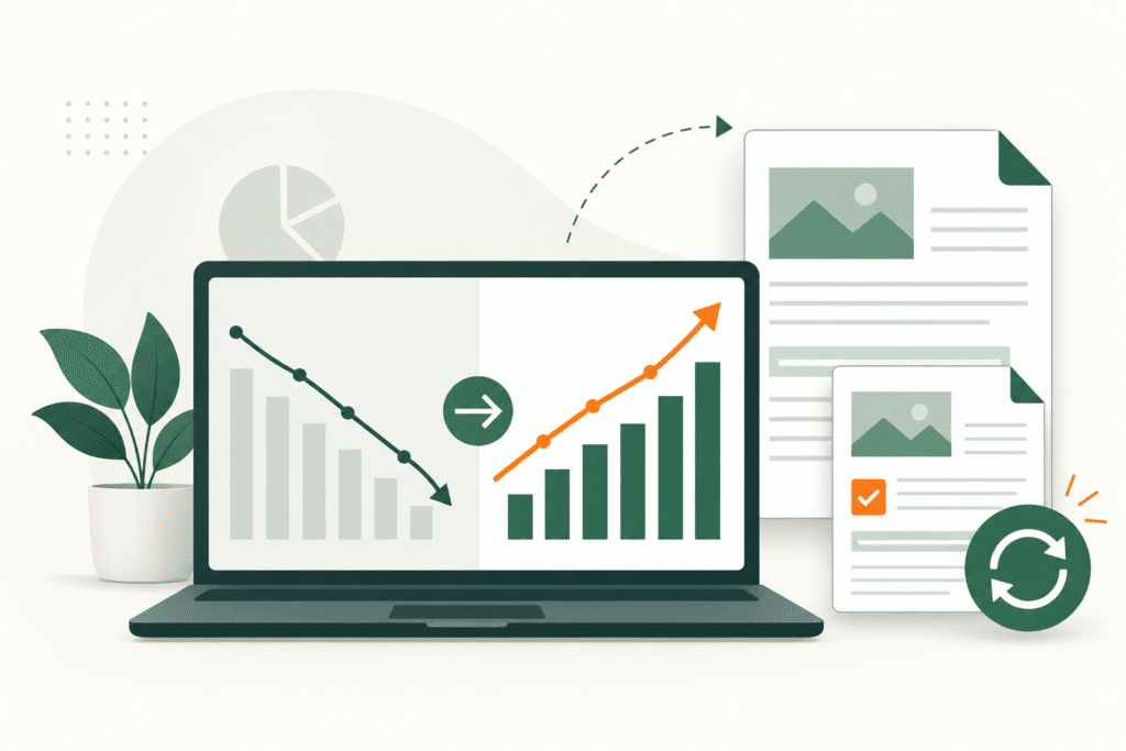 Illustration of blog traffic declining and recovering after a content refresh