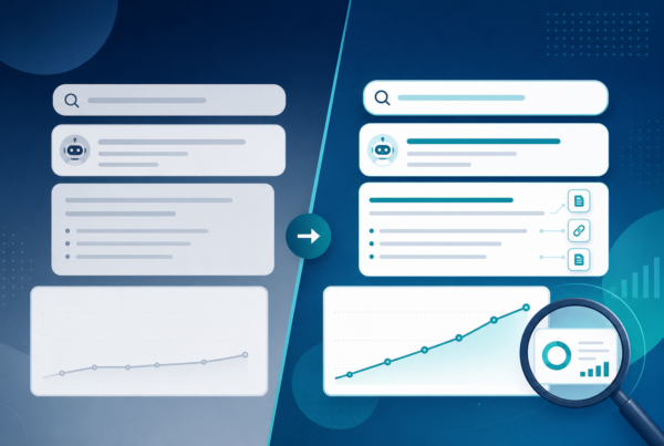 Split illustration showing AI visibility lift before and after a content refresh, with rising citation and impression signals