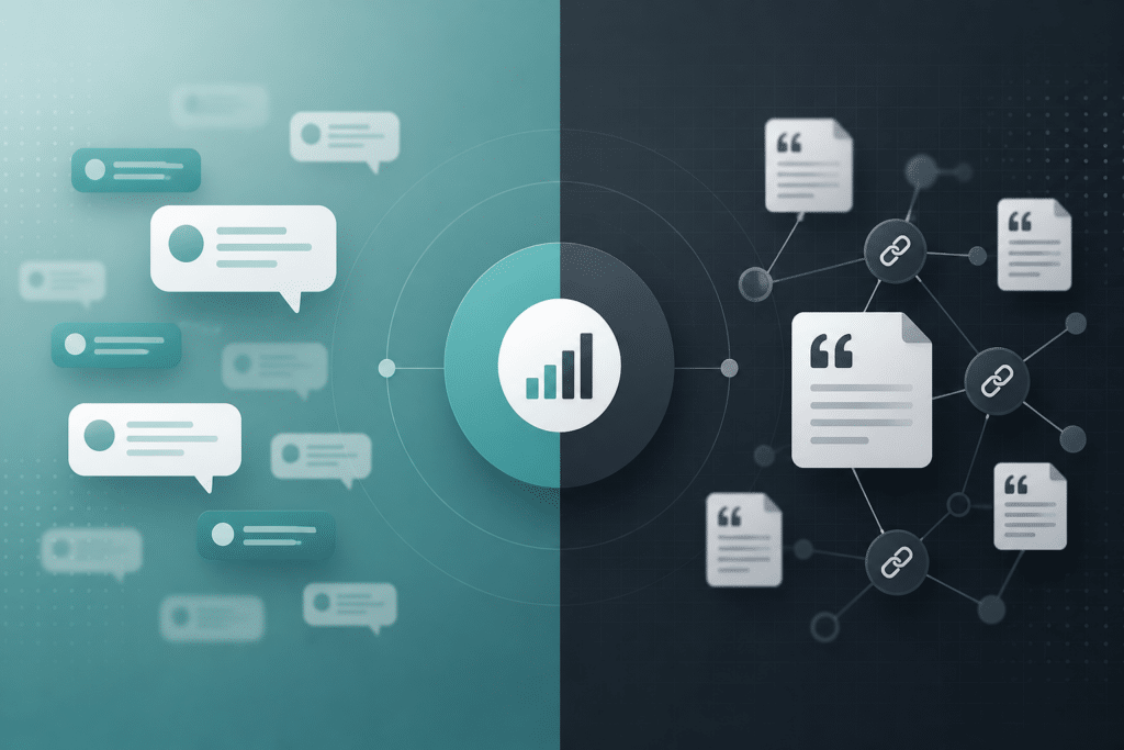 Abstract comparison of brand mentions versus source citations in AI visibility reporting