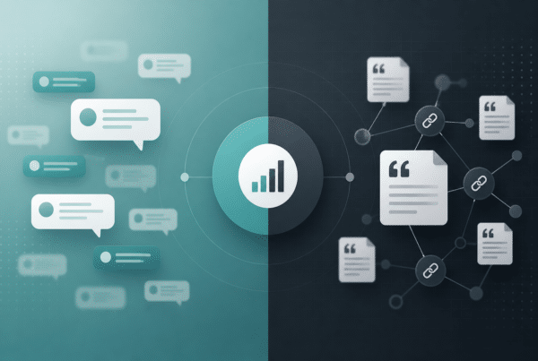 Abstract comparison of brand mentions versus source citations in AI visibility reporting