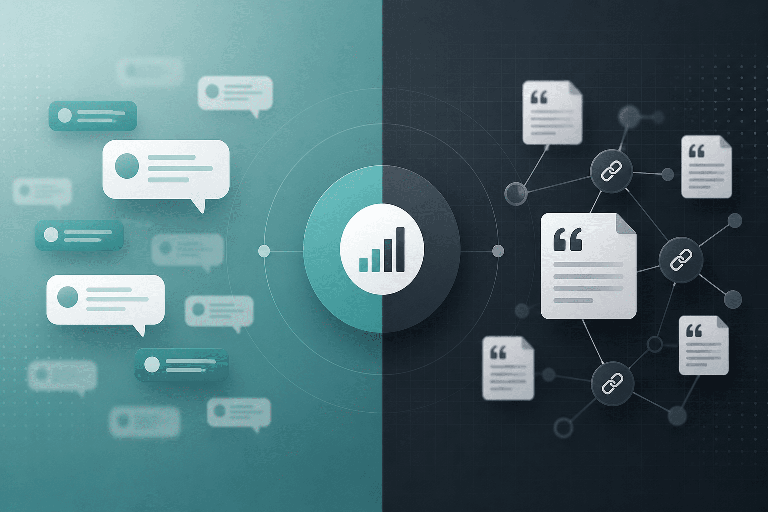 Abstract comparison of brand mentions versus source citations in AI visibility reporting