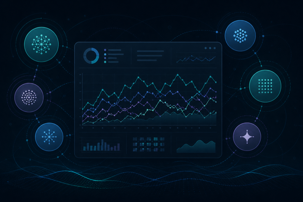 Abstract data visualization showing AI answer engine monitoring dashboard with fluctuating citation metrics