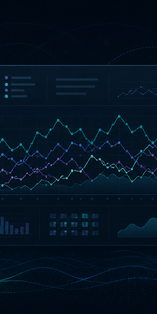 Abstract data visualization showing AI answer engine monitoring dashboard with fluctuating citation metrics