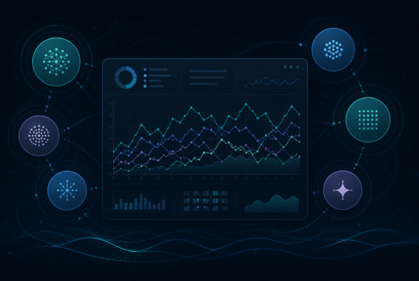 Abstract data visualization showing AI answer engine monitoring dashboard with fluctuating citation metrics