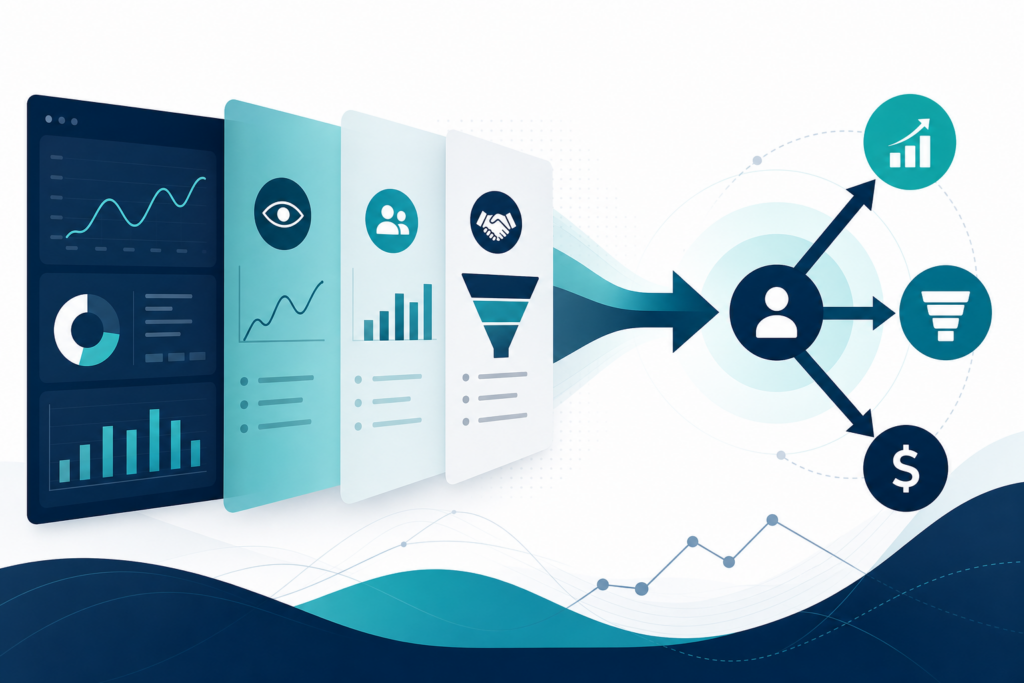 Abstract analytics dashboard showing metrics transitioning from pageviews to business decisions