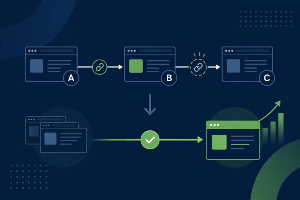 Abstract illustration of URL redirect chains being flattened to a single direct path after content consolidation