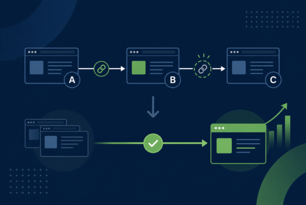Abstract illustration of URL redirect chains being flattened to a single direct path after content consolidation